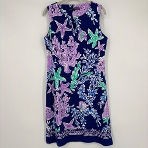 Barbara Erickson Blue Purple Shift Dress Sz M Ocean Sea Life Print Notch V-Neck